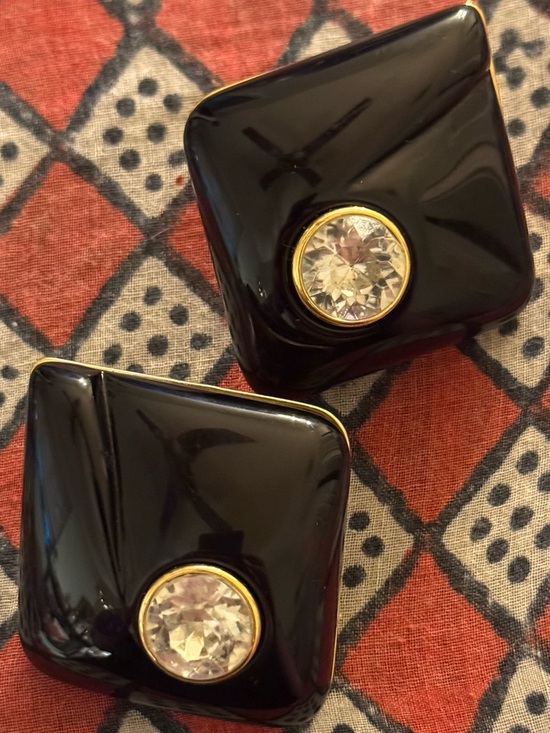 Vintage Jewelry - Black Diamond Lucite VTG Italian Earrings with Clear Crystal and Gold Trim